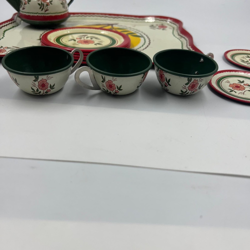 Antique 1930's Tin Ohio Art Co. Bryan Ohio Tea Set 14 Pieces Floral Pattern USA - Picture 10 of 11